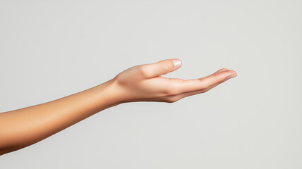 human hand reaching out, symbolizing openness and invitation. skin tone is warm, and background is neutral, enhancing focus on hand gesture