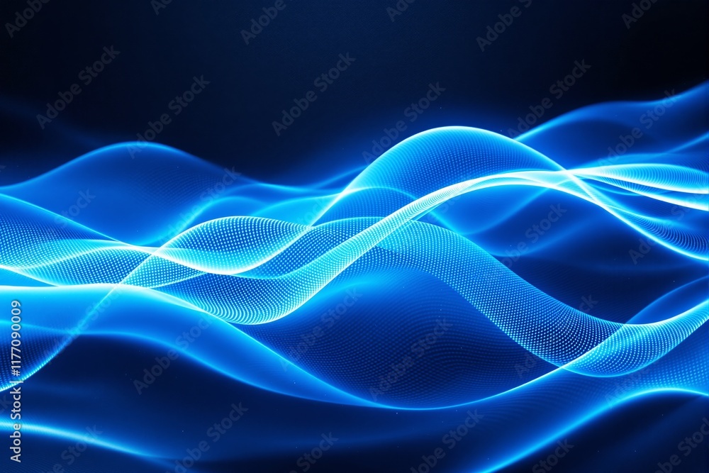 Poster abstract glowing blue wave design with dotted texture, dynamic flowing lines on a dark blue backgrou