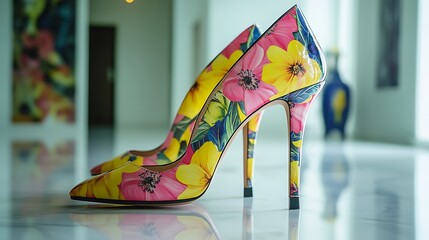 Heels with bold patterns of yellow and pink flowers