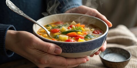 Warm hands cradling a bowl of steaming vegetable soup, a comforting and healthy meal