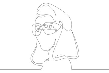Female character wearing augmented reality glasses. Gaming industry and geolocation. Mobile technology.One continuous drawing line  logo single hand drawn art doodle isolated minimal illustration.