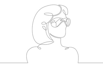 Female character wearing augmented reality glasses. Gaming industry and geolocation. Mobile technology.One continuous drawing line  logo single hand drawn art doodle isolated minimal illustration.