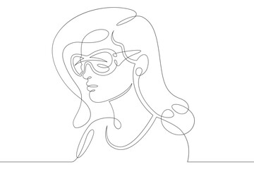 Female character wearing augmented reality glasses. Gaming industry and geolocation. Mobile technology.One continuous drawing line  logo single hand drawn art doodle isolated minimal illustration.