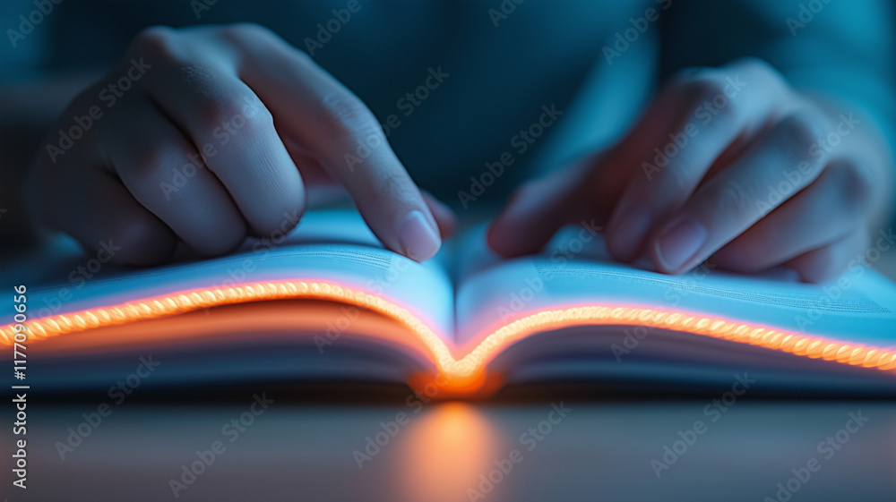 Poster person reading book with illuminated pages, creating warm glow. focus is on hands gently touching pa