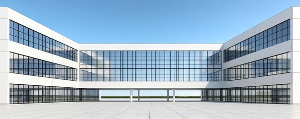 Fototapeta premium Modern White Office Building Exterior with Glass Facade and Courtyard
