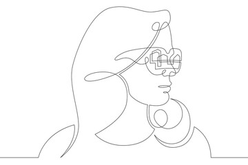 Female character wearing augmented reality glasses. Gaming industry and geolocation. Mobile technology.One continuous drawing line  logo single hand drawn art doodle isolated minimal illustration.