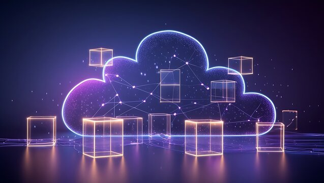 Digital cloud computing concept with glowing data icons and futuristic design, innovative technology background