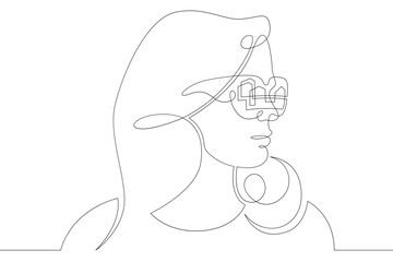 Female character wearing augmented reality glasses. Gaming industry and geolocation. Mobile technology.One continuous drawing line  logo single hand drawn art doodle isolated minimal illustration.