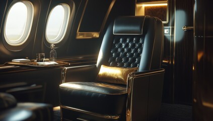 Luxurious Private Jet Interior: Opulent Black Leather Seat with Gold Accents