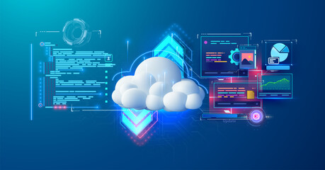 Modern cloud computing concept illustration with data storage, code snippet, analytics, and gear icons on a glowing tech background. Ideal for cloud solutions or big data.