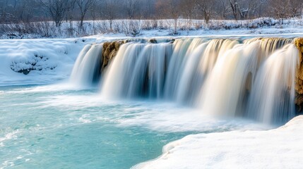 The waterfall consists of multiple tiers cascading down a series of limestone formations, creating a mesmerizing display of turquoise pools and lush greenery.