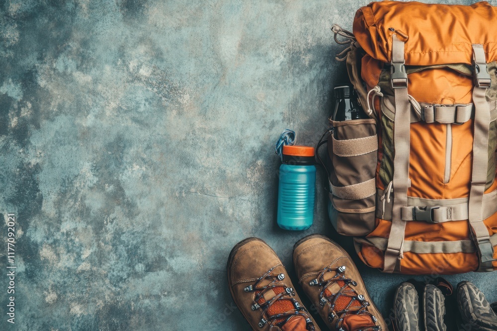 Poster backpacking gear arranged to prepare for a wilderness adventure with space for your plans. generativ