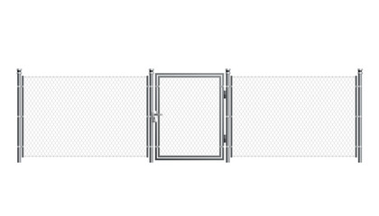 Metal wire fence and gate. Chain-link fence fragment with metallic pillars. Secured territory, protected area or prison fencing. Wire grid construction