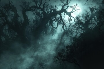 Moonlit foggy forest with gnarled trees at night, ideal for spooky backgrounds