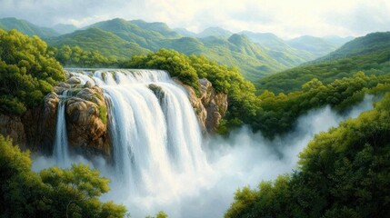 Obraz premium A detailed illustration of a majestic waterfall cascading down a rocky cliff surrounded by lush green jungles, creating a beautiful natural landscape that showcases the wild beauty of nature.