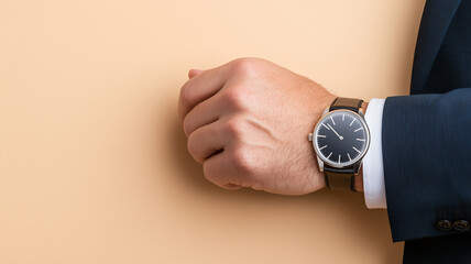 stylish wristwatch on man hand, showcasing elegance and sophistication against soft peach background. Perfect for fashion and accessory themes