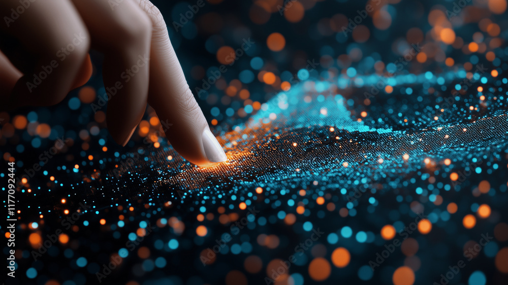 Aufkleber close up of finger touching digital surface filled with glowing blue and orange dots, representing d