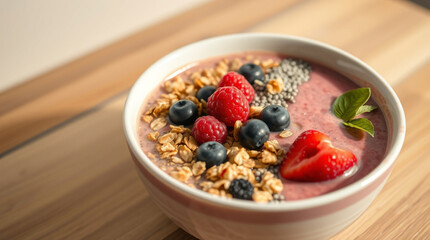 A colorful and nutritious smoothie bowl topped with fresh berries, granola, and chia seeds, providing a delightful and nutritious start to your day.