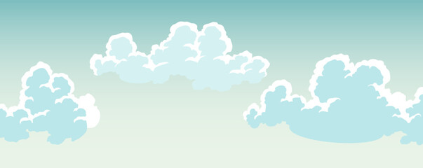 Fototapeta premium Cloudscape sky cartoon background. Light blue daytime sky with white fluffy clouds. Vector illustration