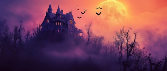 Mysterious haunted mansion looms under a glowing full moon with bats flying in twilight sky