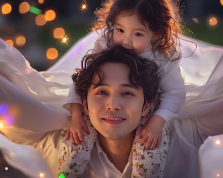 Celebrate the Super Dad with our Fathers Day Card themed image A heartwarming superhero depiction shows a dad in a white flowing cape giving his child a piggyback ride, with stars and lights in the