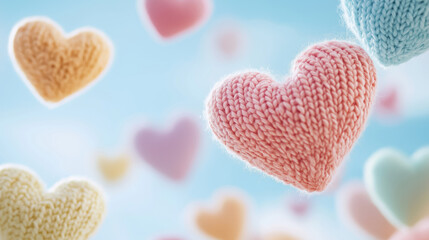 Obraz premium pastel knitted hearts floating on turquoise background for romantic and cozy decor