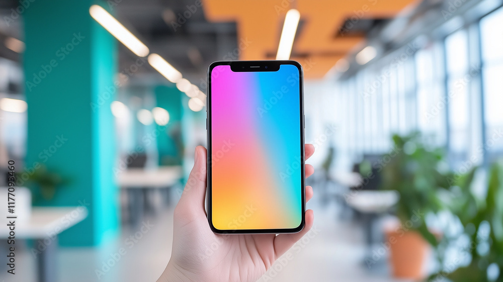 Poster person holds smartphone displaying colorful gradient screen in modern office environment. bright and