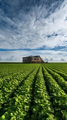 Obraz premium A wide field of soybeans with their green leaves reaching toward the sky, with a farmhouse in the distance