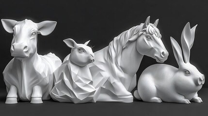 White animal sculptures, dark background, studio shot, art.
