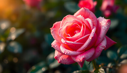 Beautiful pink rose with dew drops in a vibrant garden during sunrise