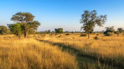 Obraz premium Golden Savanna Sunset: African Wilderness Panorama