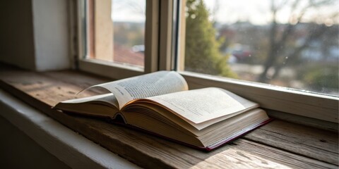 A sunlit book rests open on a weathered wooden windowsill, pages illuminated by the natural light streaming through the pane.