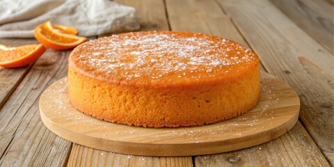 A Delicious Homemade Orange Cake Dusted with Powdered Sugar, Ready to Serve on a Rustic Wooden Board