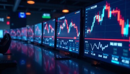 Fototapeta premium Rows of glowing holographic stock market screens line sleek corporate background, digital displays, growing markets