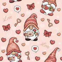 Valentine seamless pattern with cute cartoon gnomes. Holiday Vector illustration on a pink background with dwarf men, hearts, keys, word love and bow. © Olena