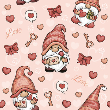 Valentine seamless pattern with cute cartoon gnomes. Holiday Vector illustration on a pink background with dwarf men, hearts, keys, word love and bow.