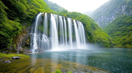 Obraz premium A stunning cascade of crystal clear water flows gracefully over layers of lush green vegetation, creating a mesmerizing spectacle of nature's beauty.