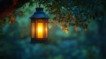 Warm lantern light hangs from tree branches in a tranquil evening garden