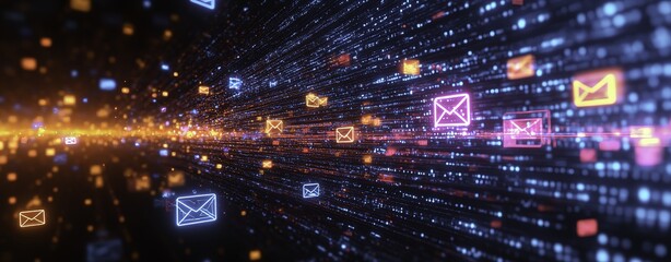 Fototapeta premium Dynamic background of glowing blue and pink digital envelopes symbolizing the rapid growth of electronic mail systems