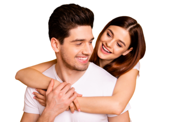 Close-up portrait of his he her she two nice cute lovely charming attractive cheerful cheery positive people cuddling isolated over vivid shine bright yellow background