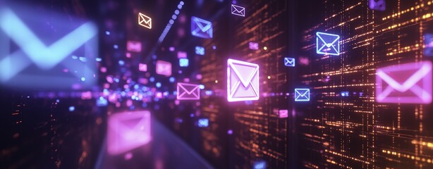 Dynamic background of glowing blue and pink digital envelopes symbolizing the rapid growth of electronic mail systems