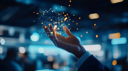 Digital hand holding glowing data visualization, representing technology, innovation, and analytics in modern business environment