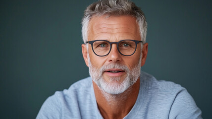 mature man with gray hair and beard, wearing glasses, smiles confidently. His casual attire and relaxed expression convey wisdom and approachability