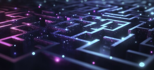 Fototapeta premium Abstract maze made of colorful blocks of varying sizes on a dark background with glowing blue and green squares