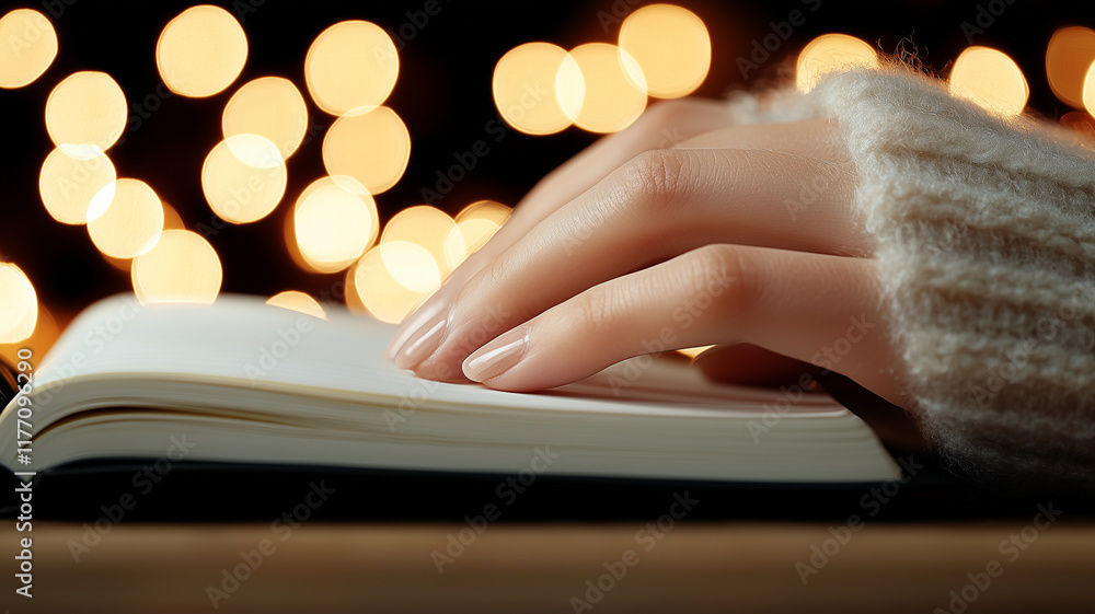 Poster cozy hand resting on open book with warm bokeh lights in background creates serene atmosphere perfec
