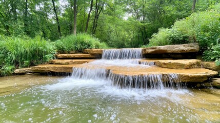 Naklejka premium The Cascade waterfall in the park features a series of stepped levels, creating a mesmerizing display of rushing water over rocks and lush greenery.