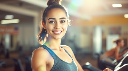 Fototapeta premium A vibrant photorealistic image, bright lens flare, light streaks, a young woman with charming features, light skin, working out in activewear at the gym, adorable and cute