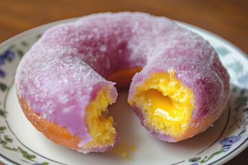 Obraz premium soft ube doughnut coated in a light sugar glaze, with its yellow center exposed from a bite dusted with sugar powder 