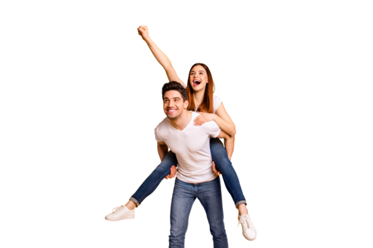 Portrait of his he her she two nice lovely charming attractive playful cheerful cheery dreamy people having fun time isolated over vivid shine bright yellow background