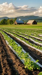 A small farm with rows of young vegetable plants under protective row covers, with a barn in the distance